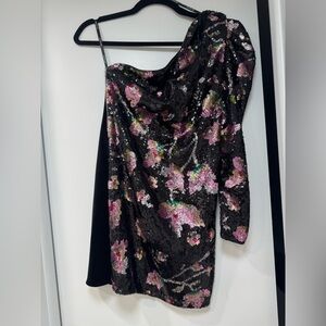 Self-Portrait Black and Pink Sequin One-Shoulder Dress
